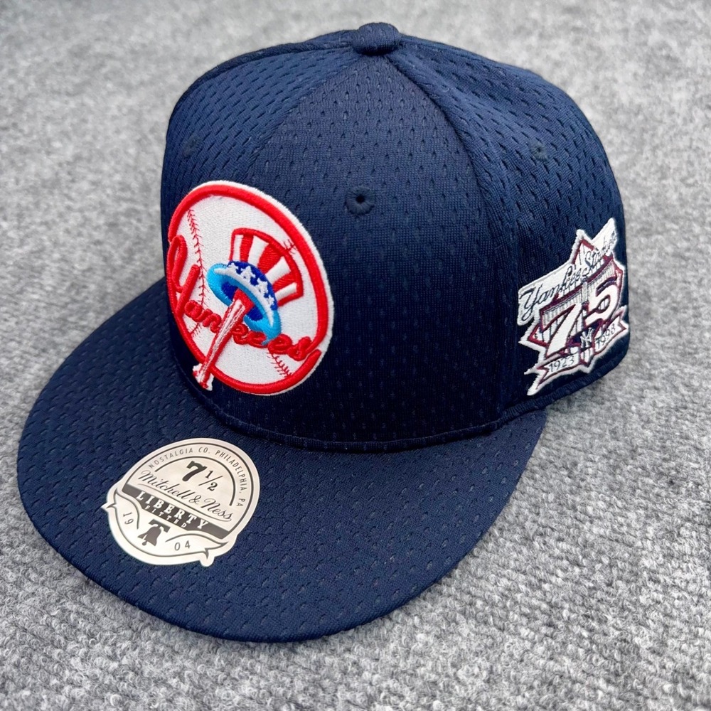 NY Yankees Hat Fitted 7‎ 1/2 M&N Blue Mesh BP 75th Side Patch 3D Team Logo Cap - Picture 2 of 10